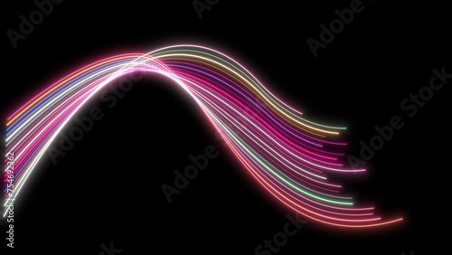 abstract wavy light lines wavy flowing dynamic in red, pink,  yellow,  green colors isolated on black background for concept of AI technology, digital, communication, 5G, science, music
