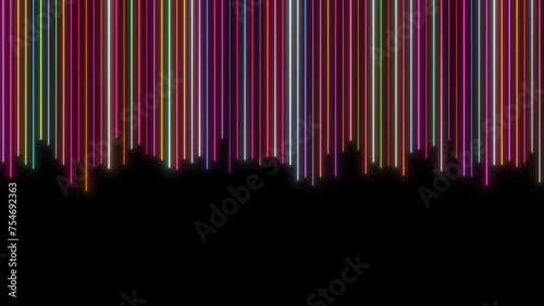 colorful light lines Vertical flowing dynamic in orange red blue green colors isolated on black background for concept of AI technology, digital, communication, 5G, science, music. 4k video
