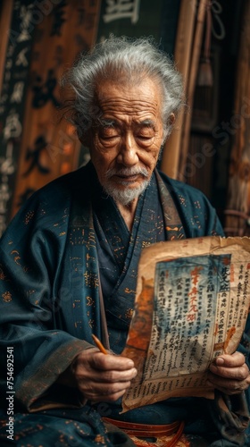 In his traditional studio, the elderly Asian calligrapher practices his art with serene concentration.