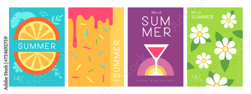 Set of colorful summer posters with summer attributes. Cocktail cosmopolitan silhouette, chamomile, ice cream, tropic leaves and orange. Vector illustration