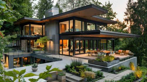 Modern house exterior design with beautiful landscape © Kien