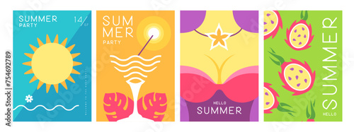 Set of colorful summer posters with summer attributes. Cocktail silhouette, flamingo, girl in swimsuit and dolphin silhouette. Vector illustration