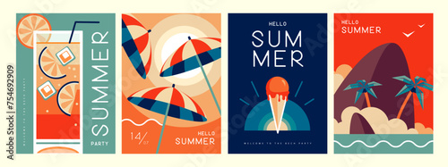 Set of retro summer posters with summer attributes. Cocktail silhouette, tequila sunrise, beach umbrella, ice cream and tropic island. Vector illustration