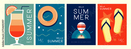 Set of retro summer posters with summer attributes. Cocktail silhouette, tequila sunrise, hot air balloon, swim ring and flip flops. Vector illustration