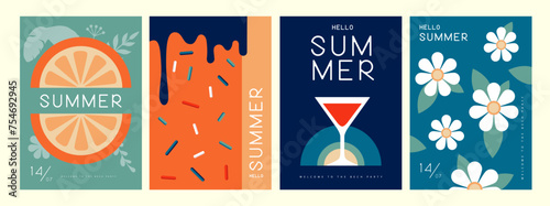 Set of retro summer posters with summer attributes. Cocktail cosmopolitan silhouette, chamomile, ice cream, tropic leaves and orange. Vector illustration