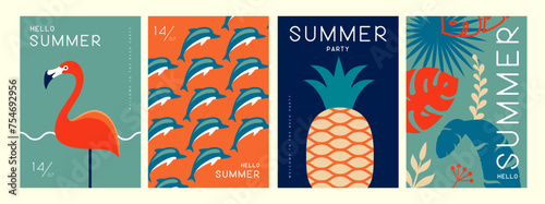 Set of retro summer posters with summer attributes. Flamingo silhouette, dolphins, pineapple, tropic leaves background. Vector illustration