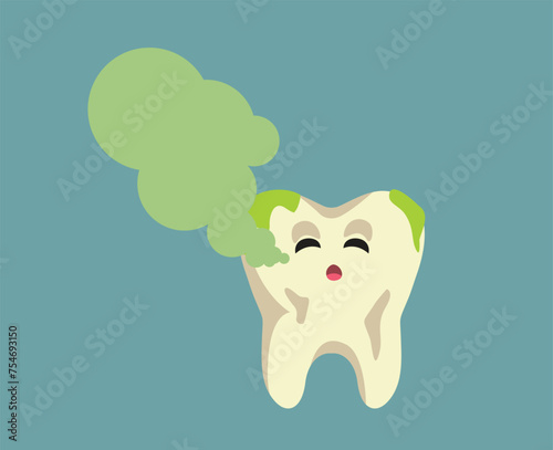 Vector Cartoon Unhealthy Dirty Teeth in Covered Yellow Stains. Unhappy molar feeling sick suffering from plaque and stains

