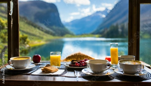 breakfast served on a table overlooking a lake