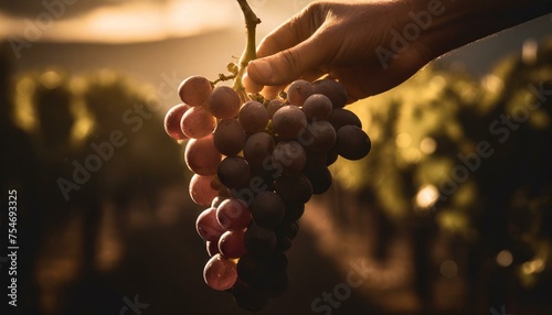 bunch of grapes held by a person in a vineyard at sunset photo
