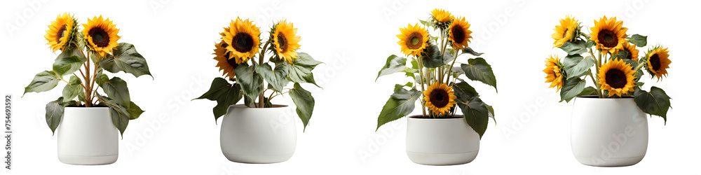 Obraz premium House parlor plant Sunflowers plant in modern white pot or vase isolated on transparent background generative ai