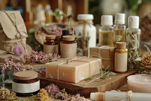 A close-up of eco-friendly beauty products with minimal packaging photo