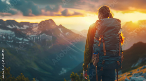 A backpacker gazes at a breathtaking sunset from a mountain vantage point