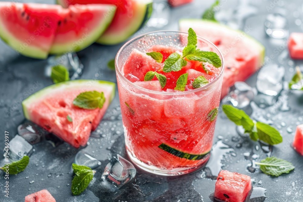 A refreshing summer drink surrounded by slices of watermelon and mint A refreshing summer drink surrounded by slices of watermelon and mint
