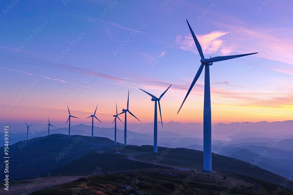 Fototapeta premium A wind farm at dusk turbines spinning in the wind