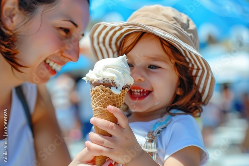 A shared ice cream cone on a hot day with a mom and toddler enjoying the treat