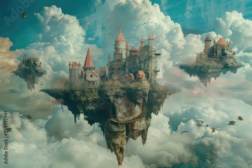 A surreal dreamscape with floating islands and whimsical creatures