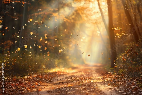 A warm autumn forest path with falling leaves and soft sunlight