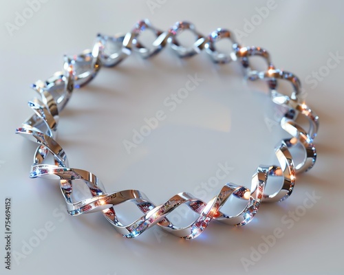 Silver bracelet with luminous stones and particles on white glossy background