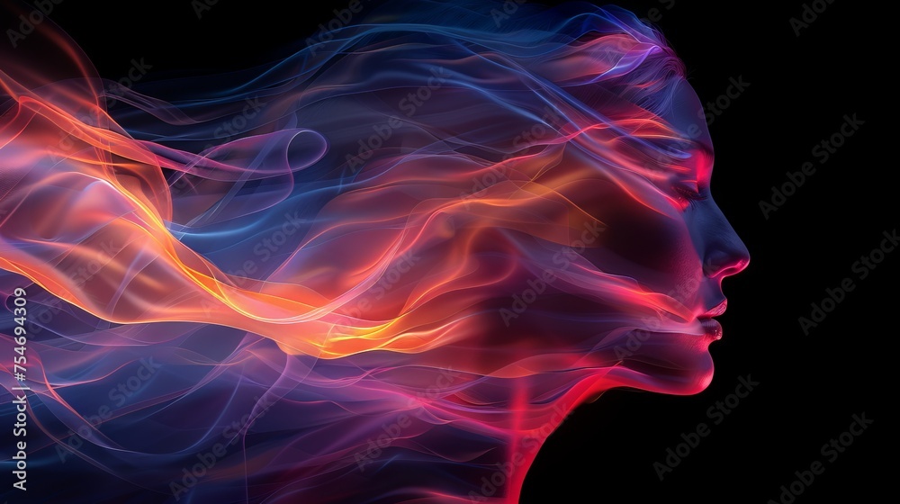 Girl's face transitioning into Smoke movement, red and blue smoke on black background, colored smoke on black background - obrazy, fototapety, plakaty 