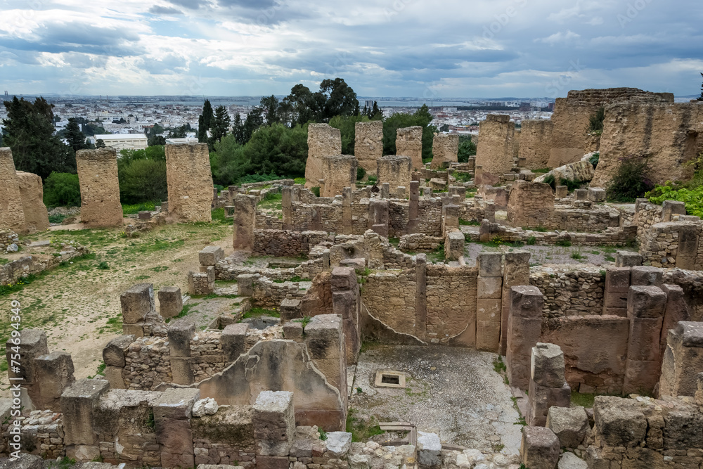 View of the archaeological site of Carthage located at Byrsa Hill, in the heart of the Tunis Governorate in Tunisia.
