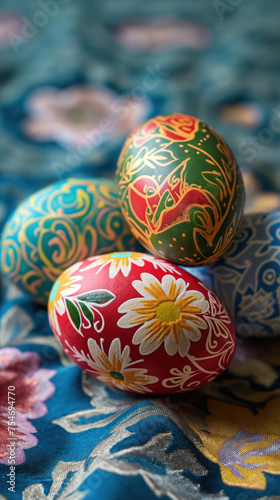 Colorful pysanky Easter eggs closeup photo