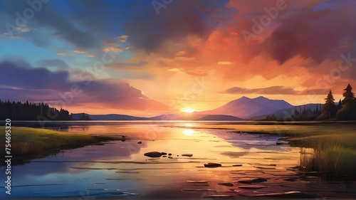 digital painting of a lake with a sunset in the background.