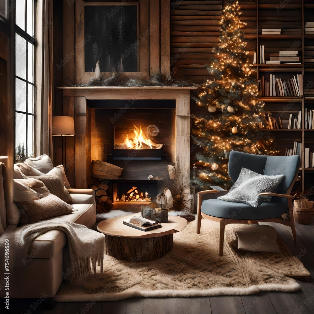 Cozy living room winter interior with fireplace