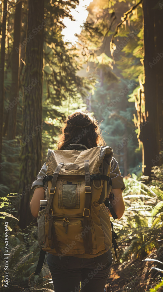 A female hiker with a sun-kissed beige backpack walks amidst towering redwood trees in a softly lit forest