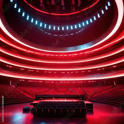 Modern futuristic stage arena for music and theater, with bright neon lights