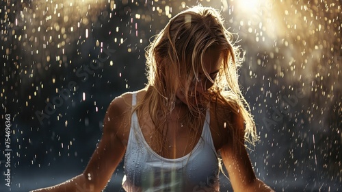 Woman in white tank top dances in pouring rain