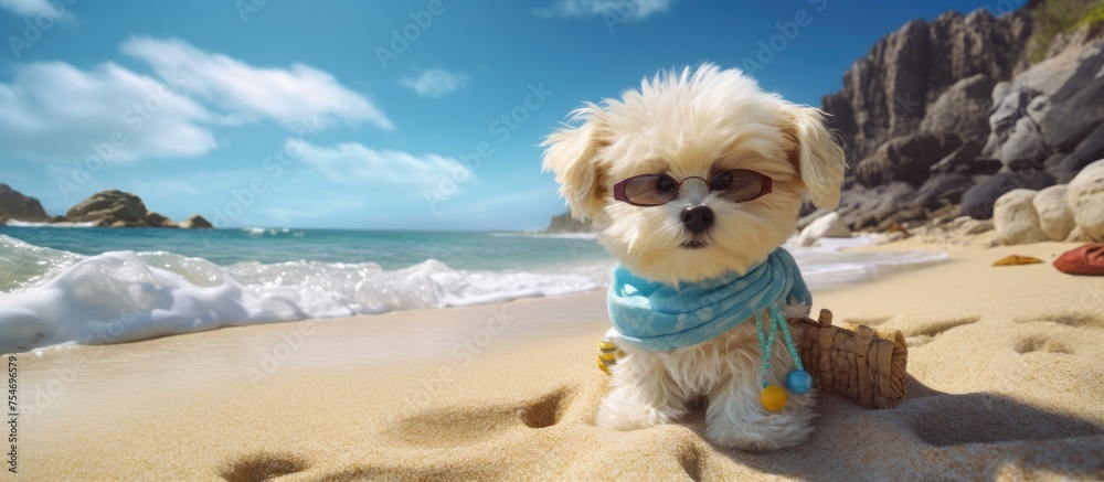 A small dog, depicted as a soft toy, is sitting on a sandy beach. The dog is wearing sunglasses and appears to be enjoying the sunny weather by the ocean.