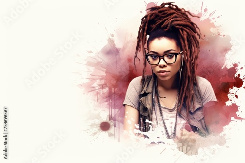 Portrait of a young stylish woman with dreadlocks and glasses on a white background with watercolor. photo