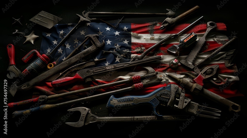 Fototapeta premium International Workers' Day background with copy space area on side for text. Construction and manufacturing tools. Background for business