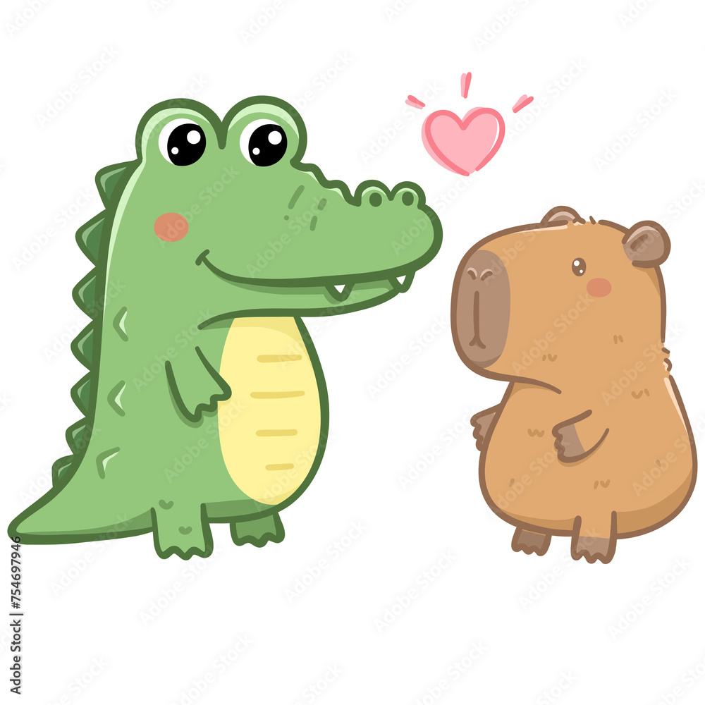 Fototapeta premium Capybara and crocodile with pink heart