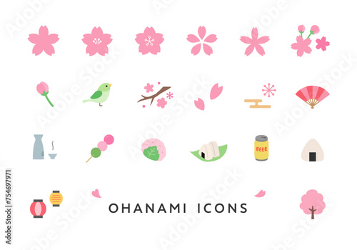 桜・花見にまつわるアイコンセット（フラット）
