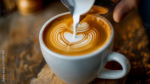 Hot Coffee with Heart-Shaped Cream or Milk Pour Design into a Latte - Artistic Coffee Drink Foam Design