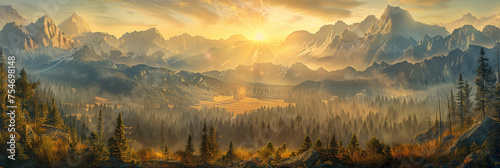 A panorama view mountains at sunrise, with golden rays illuminating peaks and a forest, Mountain landscape at sunset, nature banner background
