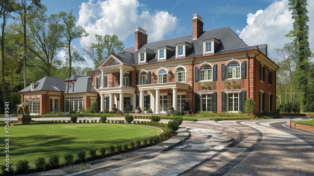 A large brick classic traditional residence sits on a wooded property,A large brick house with black shutters and a gray roof,Front view of a beautiful mansion with a fountain in the garden
