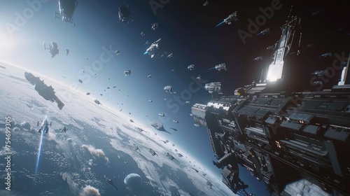 Epic sci-fi scene of space travel, fleets facing an alien invasion, amidst futuristic technology and cybernetics