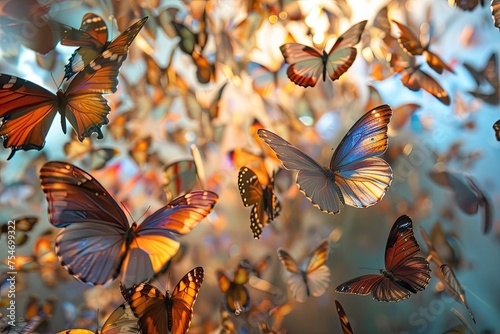 A swarm of butterflies with mirrorlike wings reflecting other worlds photo
