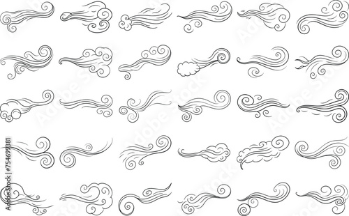 Black Doodle wind line sketch set. Hand drawn doodle wind motion, air blow, swirl elements. Sketch drawn air blow motion, smoke flow art, abstract line. Isolated vector illustration