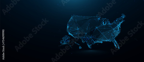 USA map with lines and triangles, point connecting network on blue background. Illustration vector photo