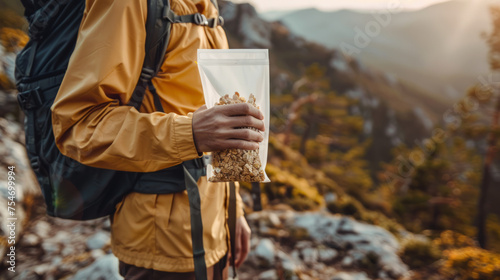 Close-up of a hiker's hand holding a clear bag of snacks during an outdoor adventure, showcasing healthy travel food habits photo