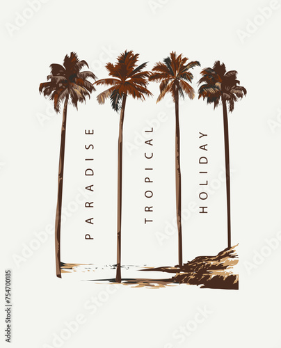 paradise tropical holiday slogan with palm trees silhouette hand drawn vector illustration