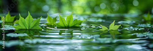 A serene background with water and green leaves on green blurred background, reflecting the tranquility of nature,calm,zen, green leaves background