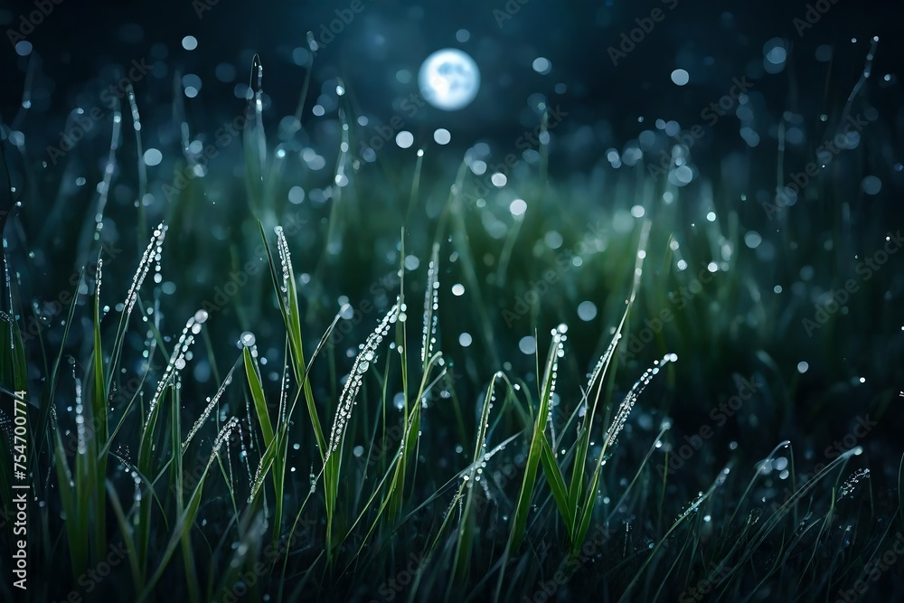 Nighttime dew on grass under a mystical moonlight, serene and magical atmosphere - obrazy, fototapety, plakaty 