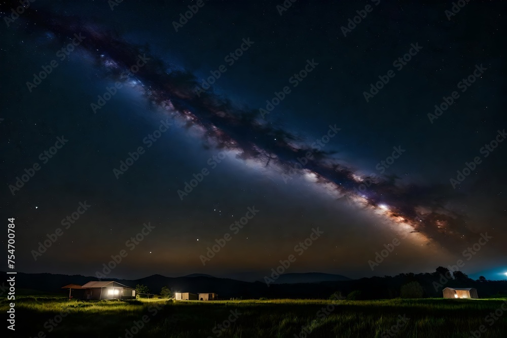Milky way stars, shooting stars and countryside silhouettes photographed with wide angle lens.