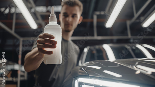 Auto detailing expert showing a sprayer bottle in a modern car shop