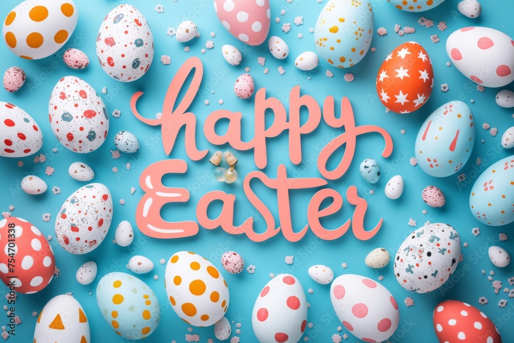 Colorful Easter Egg Basket Joyful. Happy easter Seasonal bunny. 3d cherry blossom hare rabbit illustration design. Cute Divine Presence festive card basil green with copy space wallpaper backdrop
