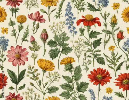 A vintage botanical illustration pattern, featuring a variety of wildflowers with scientific accuracy.